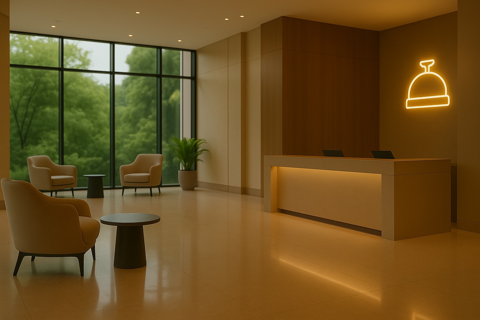 A modern and bright hotel lobby, signifying a welcoming and efficient concierge service.